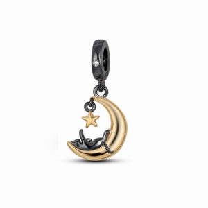 Mystical Black Cat & Moon Charm – S925 Sterling Silver Celestial Pendan