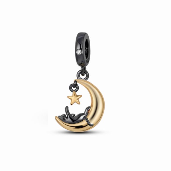 Mystical Black Cat & Moon Charm – S925 Sterling Silver Celestial Pendan