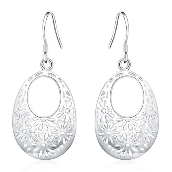 Oval Round Flower Drop Earrings – S925 Sterling Silver Elegant Floral Design