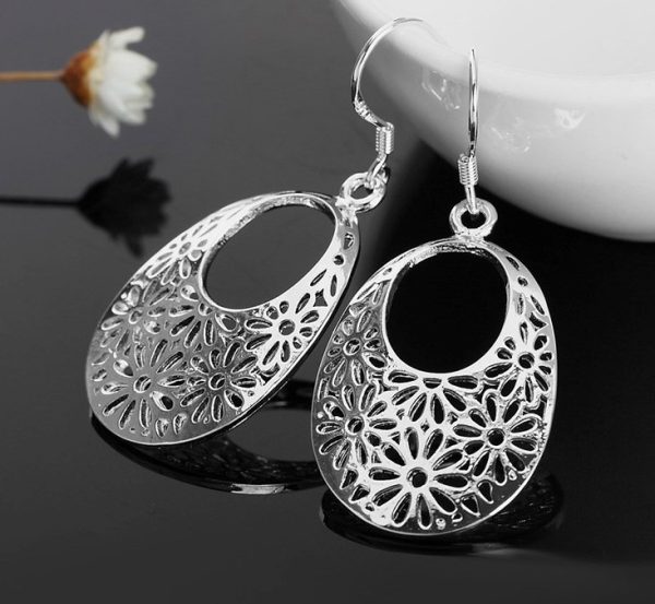 Oval Round Flower Drop Earrings – S925 Sterling Silver Elegant Floral Design - Image 2