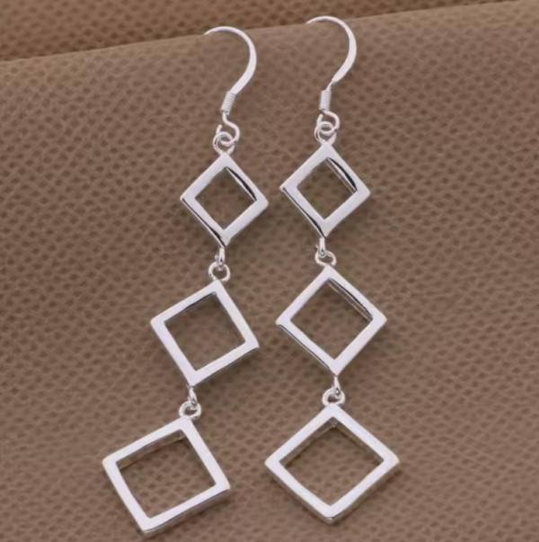 Silver Square Drop Earrings – S925 Sterling  - Elegant Geometric Dangle Jewelry - Image 2