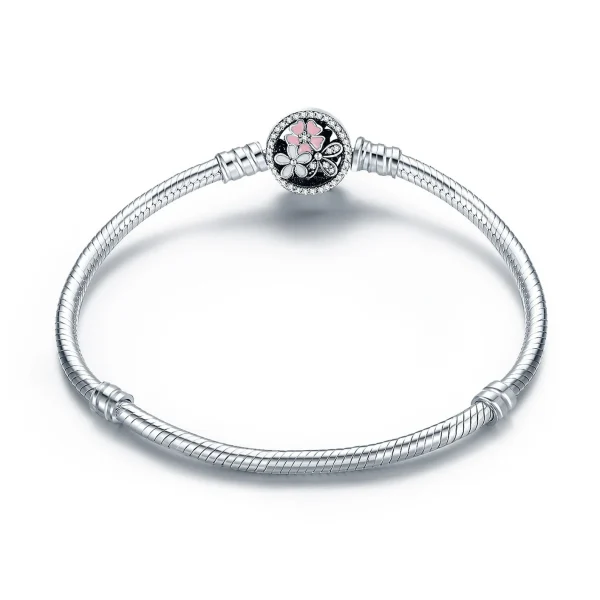 Pink Flower Enamel Snap Clasp Snake Bracelet – S925 Sterling Silver Elegant & Feminine Jewelry - Image 3