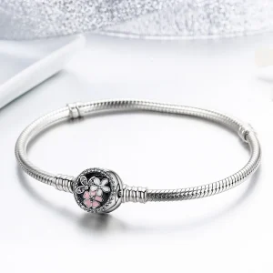 Pink Flower Enamel Snap Clasp Snake Bracelet – S925 Sterling Silver Elegant & Feminine Jewelry