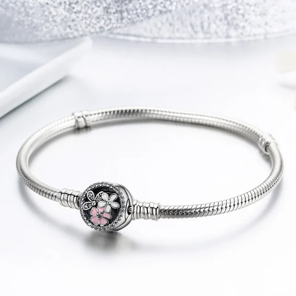 Pink Flower Enamel Snap Clasp Snake Bracelet – S925 Sterling Silver Elegant & Feminine Jewelry