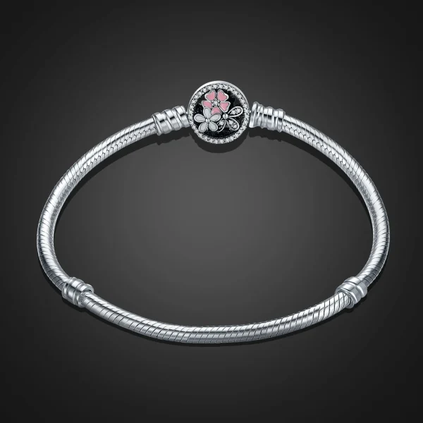 Pink Flower Enamel Snap Clasp Snake Bracelet – S925 Sterling Silver Elegant & Feminine Jewelry - Image 4