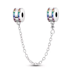 Rainbow Pavé Safety Chain – Secure & Stylish Sterling Silver Bracelet Lock