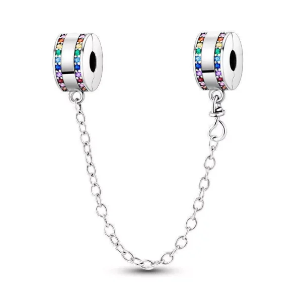 Rainbow Pavé Safety Chain – Secure & Stylish Sterling Silver Bracelet Lock
